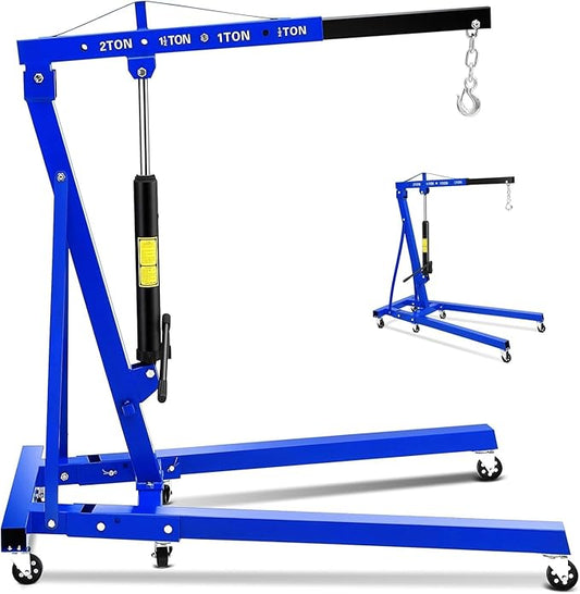 2 Ton Folding Hydraulic Engine Hoist (4,400 Lb) Cherry Picker Shop Crane with Telescopic Boom & 6 Swivel Casters, Portable Heavy-Duty Engine Lift for Garage, Workshop, Auto Repair, Warehouse-Blue