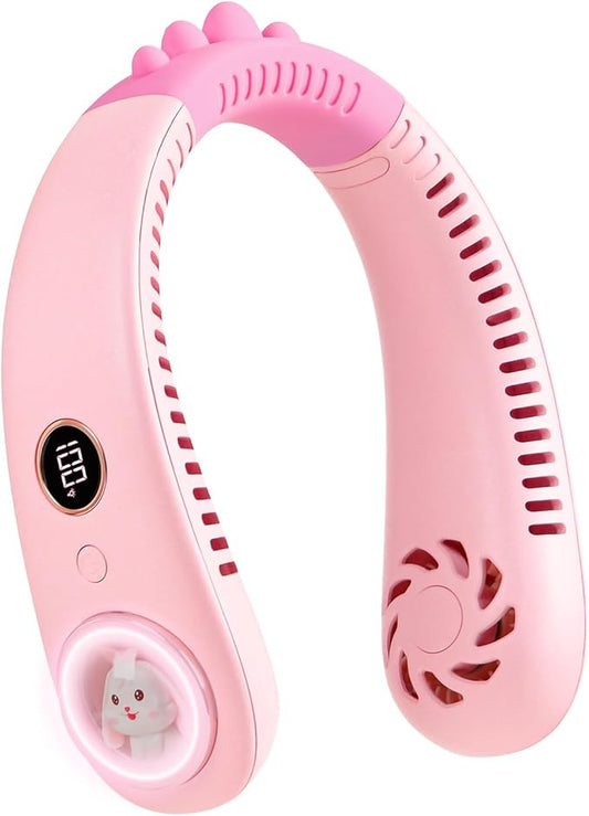 Neck Fan for Kids,Bladeless Portable Fan Rechargeable for 4-14Y Girls & Boys, 2400mAh USB Personal Cooling Mini Fan Rechargeable for Travel/Disney/Camping, 3 Speeds, Summer Essentials(Pink)