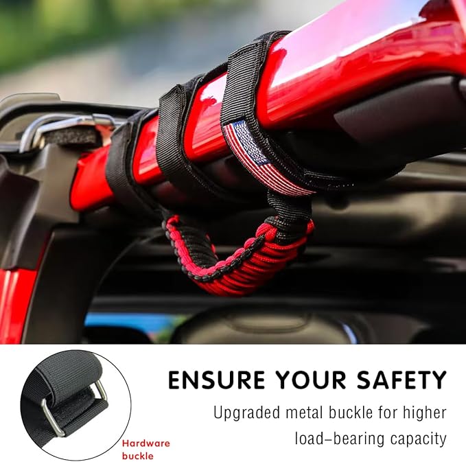 HZEL 2PCS Roll Bar Grab Handles, Oxford Cloth Upgrade Metal Buckle Paracord Grip Handles, Durable and Strong Car Accessories, Compatible with Wrangler JL, JLU, JT, JK, JKU, TJ, LJ and YJ (Red)