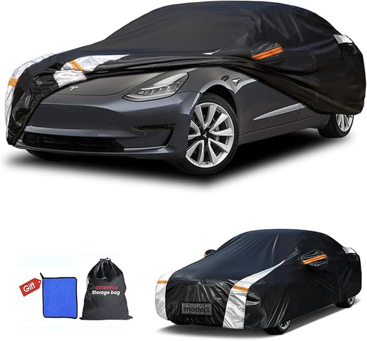 12-Layer Custom Fit Car Cover for Tesla Model 3 (2017-2026), Upgraded Waterproof All-Weather Full Exterior Cover with Door Zipper and Charging Port, for Snow Rain Dust and Sun UV Protection-Black.