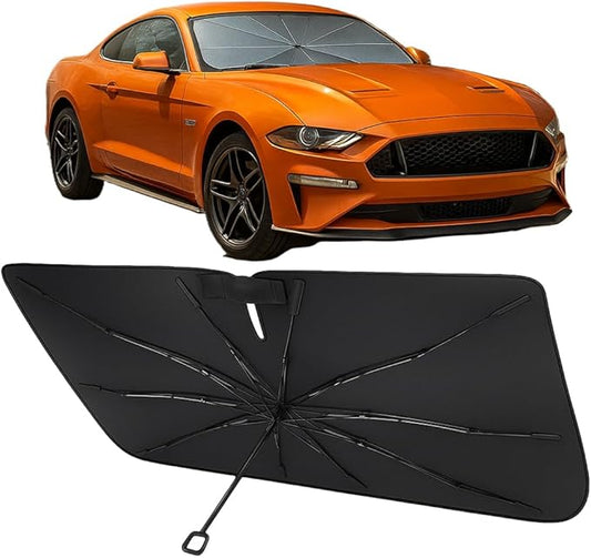 Proadsy Windshield Sun Shade Umbrella for Ford Mustang 2015-2023 Foldable Car Umbrella Sunshade with Soft TPU Handle Spring Structure Crystal Cooling Material Protect Car from Rays & Heat
