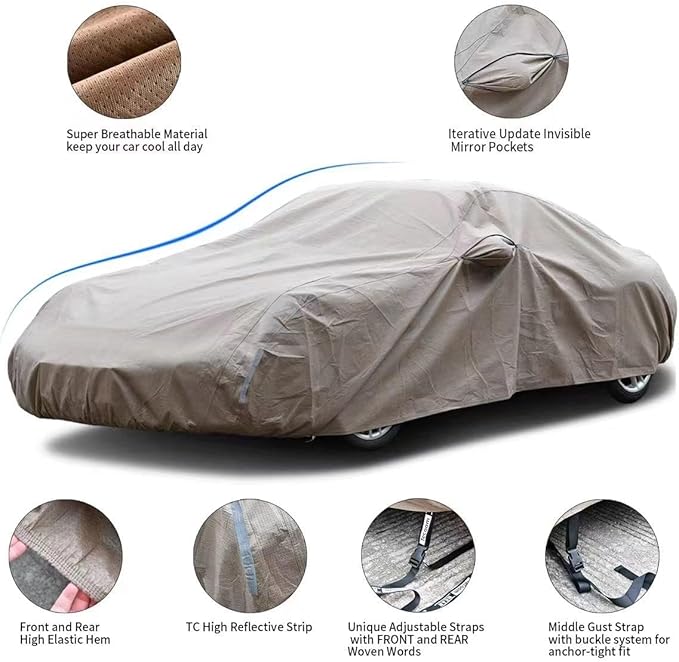 Tecoom Waterproof All-Weather Car Cover, Thick Non-Woven Outdoor Full Cover with Hidden Zippered Mirror Pockets, Rain Sun Wind Hail Protection, Universal Fit 167–172" for BMW Z4