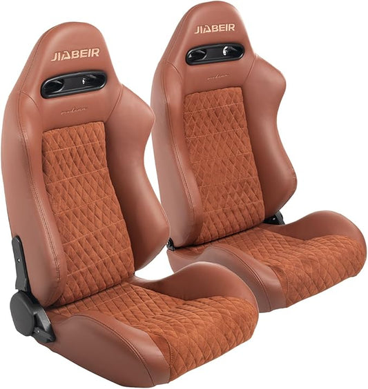 1 Pair Universal Bucket Racing Seats, Bucket Seats with Dual Lock Sliders, Suede fabric Rich brown PVC Leather, 165° Adjustment, For Car Use, Not Including Seat Bracket