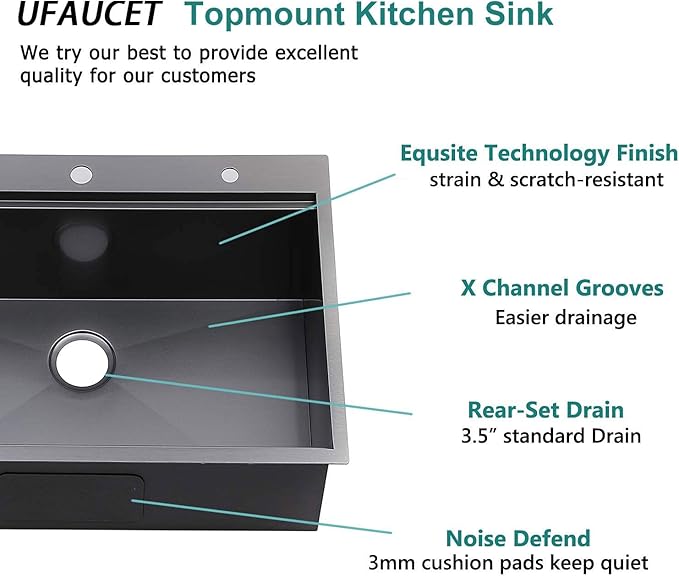 33x22 Drop In Kitchen Sink Black, 33 Inch Gunmetal Black Workstation Stainless Steel 16 Gauge Topmount Single Bowl 9 Deep Sink With Integrated Accessories & Features