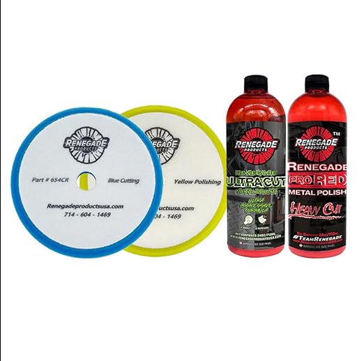 Renegade Liquid Cut & Polish Combo – Ultra Cut & Pro Red Metal Polishes with Blue and Yellow Foam Pads – 2-Step Aluminum & Stainless Steel Restoration Kit