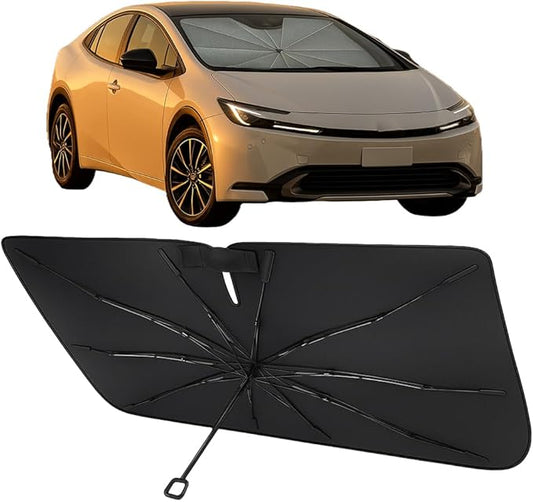 Proadsy Windshield Sun Shade Umbrella for Toyota Prius 2023-2025 2026 Foldable Car Umbrella Sunshade with Soft TPU Handle Spring Structure Crystal Cooling Material Protect Car from Rays & Heat