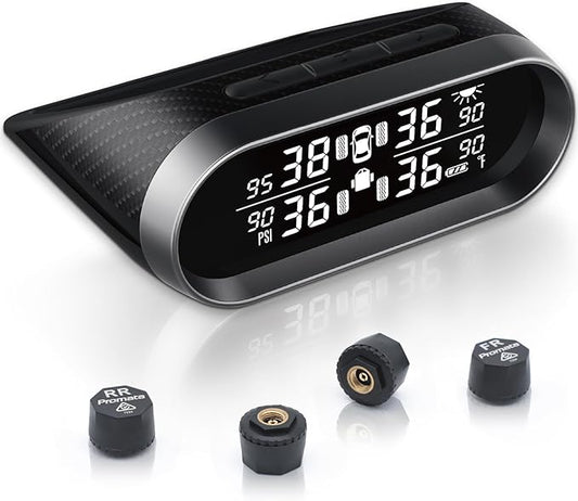 Promata RV Tire Pressure Monitoring System, Carbon Fiber Style RV TPMS with 4 Tire Pressure Sensors, Eye Protection Clear LCD Display, Intelligent Trailer Detection for Travel Trailer Motorhome Camper