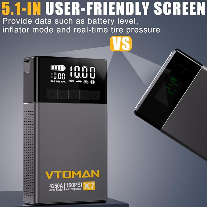 VTOMAN X7 Jump Starter with Air Compressor, 4250A&160PSI Pickup Trucks & Suvs Battery Car Jumper Starter Portable(10L Gas/10L Diesel) with Auto-Shutoff Tire Inflator, 12V Lithium Booster Box, QC3.0