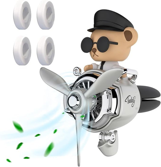 Pilot Car Air Freshener, Cute Bear Car Vent Clip Air Freshener Automotive Air Outlet Fan Diffuser, Automotive Interiors Vent Decoration (Shake Head Style - Silvery)