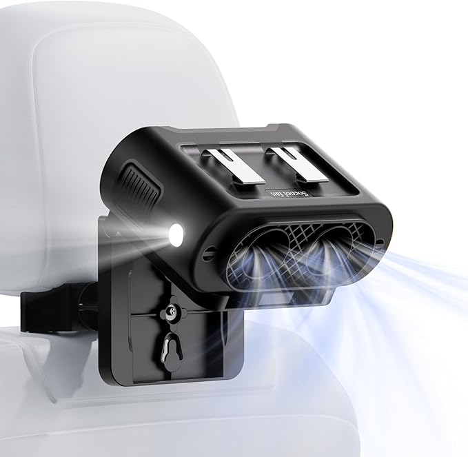 Socool 14500mAh Portable Car Fan Rechargeable Battery Opearated, Clip on Car Seat Headrest 360 Rotatable, 5-Speed Backseat Fans for Baby Rear Facing Cooling with Dual Air Outlets for SUV RV Truck