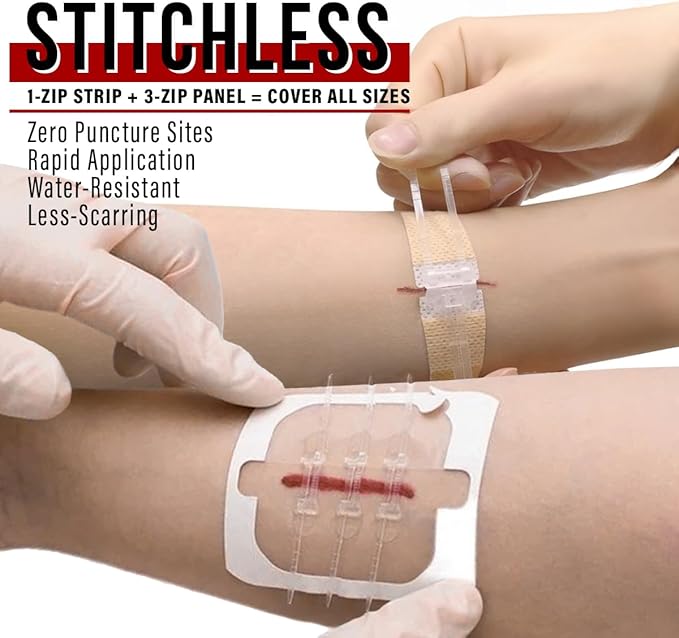 EVERLIT Wound Closure Pack | 4 Pcs Surgical Wound Zip Devices for Cut & Laceration Wound Repair | Sterile, Suture-Free, Stitch-Less Adhesive Butterfly Bandage Strips for Emergency First Aid Care