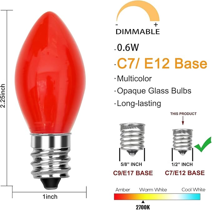 GOOTHY 25 Pack C7 Red LED Christmas Light Bulb, C7 Red Replacement Bulbs for Outdoor String Lights Window Candles Chandeliers, E12 Candelabra Base LED Bulbs, 0.6 Watt Led Night Light Bulb