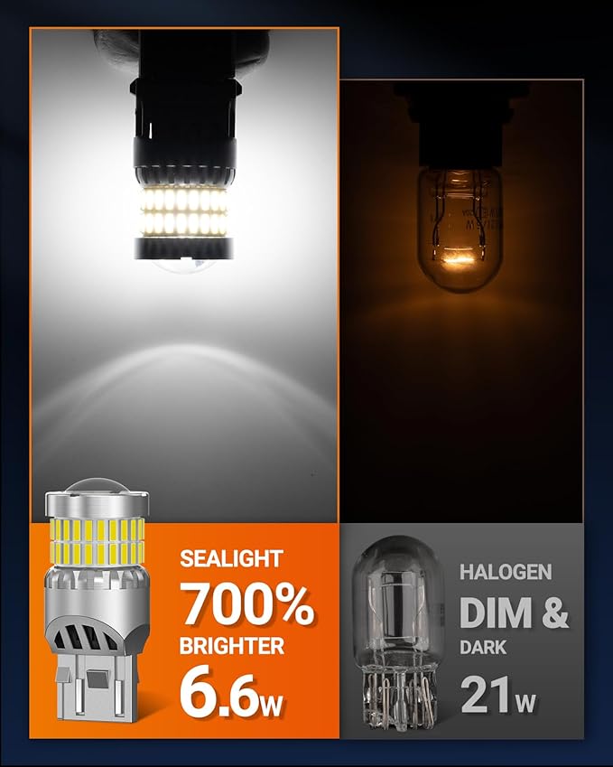 SEALIGHT 7440 7443 LED Bulbs Reverse Lights, Upgraded T20 7444 7441 W21W 992 LED 56-SMD with Projector Lens for Backup Tail Brake DRL Parking Lights, 6000K White, Pack of 2