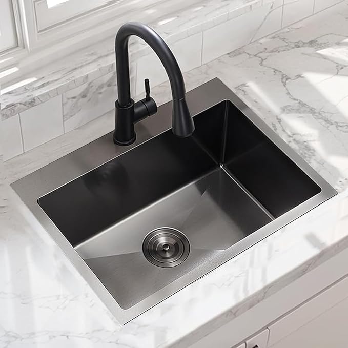 20 Inch Drop In Kitchen Sink Black, 20 x 16 Gunmetal Black Stainless Steel Single Bowl Top Mount Drop In Bar Wet Prep RV Outdoor Kitchen Sink, 16 Gauge Brushed Nickel