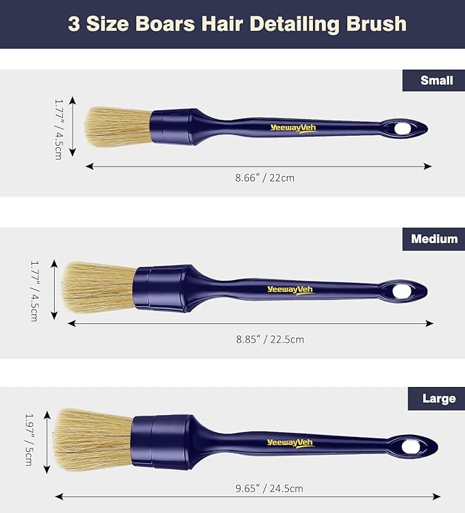 YeewayVeh Car Detailing Brush Set, 3 Pack Ultra Soft Boars Hair Detailing Brushes for Leather Seat Air Vents Engine Bay, Auto Detail Brushes Car Detailing for Interior Exterior, Indigo