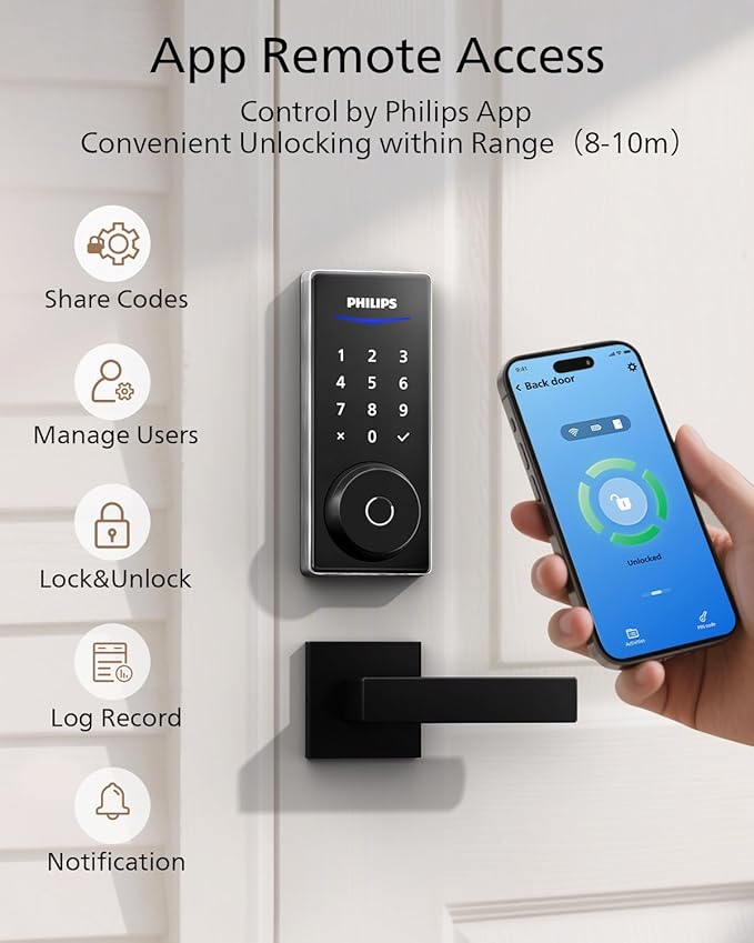 Philips Fingerprint Smart Lock, Keyless Entry Door Lock, Smart Door Locks for Front Door, Keypad Deadbolt, APP Control, 9-Month Long Battery
