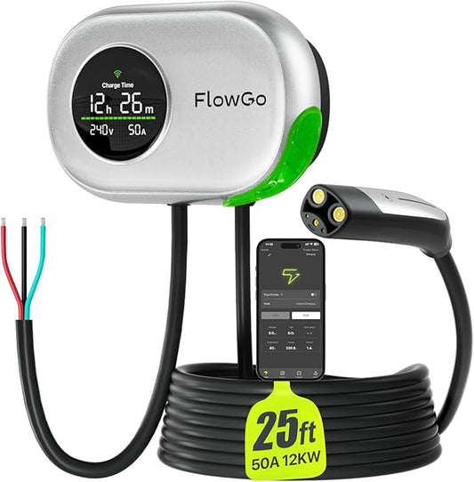 Tesla Charger Level 2 Hardwire 50A Smart Home Charger NACS 240V EV Chargers 50 Apms Large Motion-Activate Display Screen One-Piece Housing Metal Case 25 FT Cable NEMA 14-50 Plug