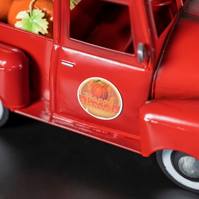 Zaer Ltd. Metal 18.5" Long Multi-Seasonal Christmas and Harvest Pickup Truck with Metal Tree, Pumpkins, and Matching Side-Magnet Sets (Glossy Red)