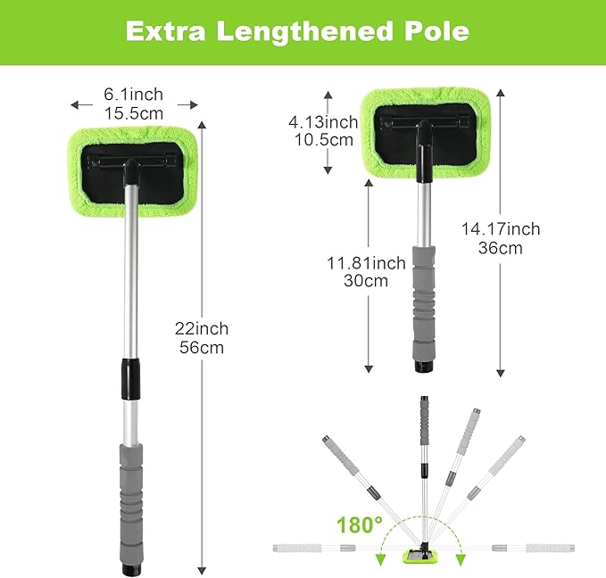 XINDELL Windshield Cleaning Tool for Car – 22inch Extendable Handle Window Cleaner with Reusable Microfiber Pads, Streak-Free Interior & Exterior Auto Glass Cleaner (Green)