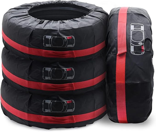 Geloo 4PCS Tire Cover, Seasonal Tire Totes,Polyester Wheel Tires Storage Bags, Waterproof Dustproof Wheel Covers Fit for 19"-23" Tyres (Diameter 80cm)-Black/Red