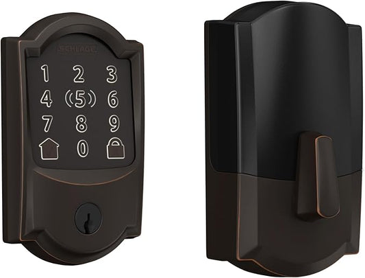 Schlage BE499WB CAM 716 Encode Plus WiFi Deadbolt Smart Lock, Keyless Entry Touchscreen Door Lock with Camelot Trim, Aged Bronze