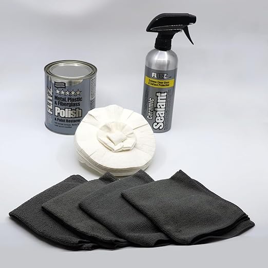 Flitz Car Buffing and Care Kit (Medium) - USA-Made Polishers and Buffers Set – Includes 2lbs Paste, 16oz Sealant, 5" BuffBall, 4 Microfiber Cloths, Removes Rust & Restores Shine