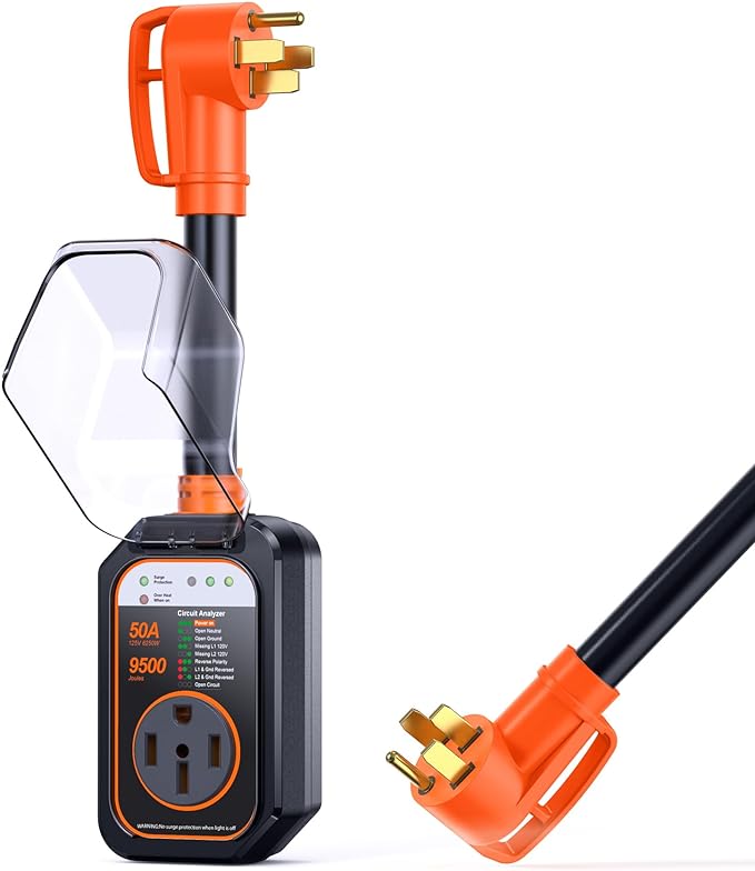 GEARGO RV Surge Protectors 50 Amp Waterproof, [2025 New Upgraded] RV Circuit Analyzer, Full Protection RV Adapter Plug for Camper(Orange)