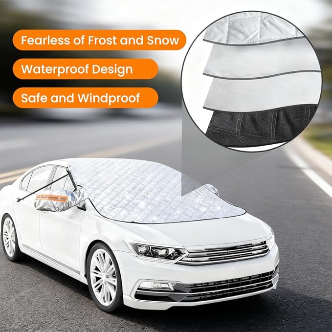 Car Windshield Snow Cover, Ice Frost Car Window Covers with Magnetic Edges & Side Mirror Protector, Windproof UV Sunshade Windscreen Covers for Cars, SUV, Truck (L 58 * 45inch)