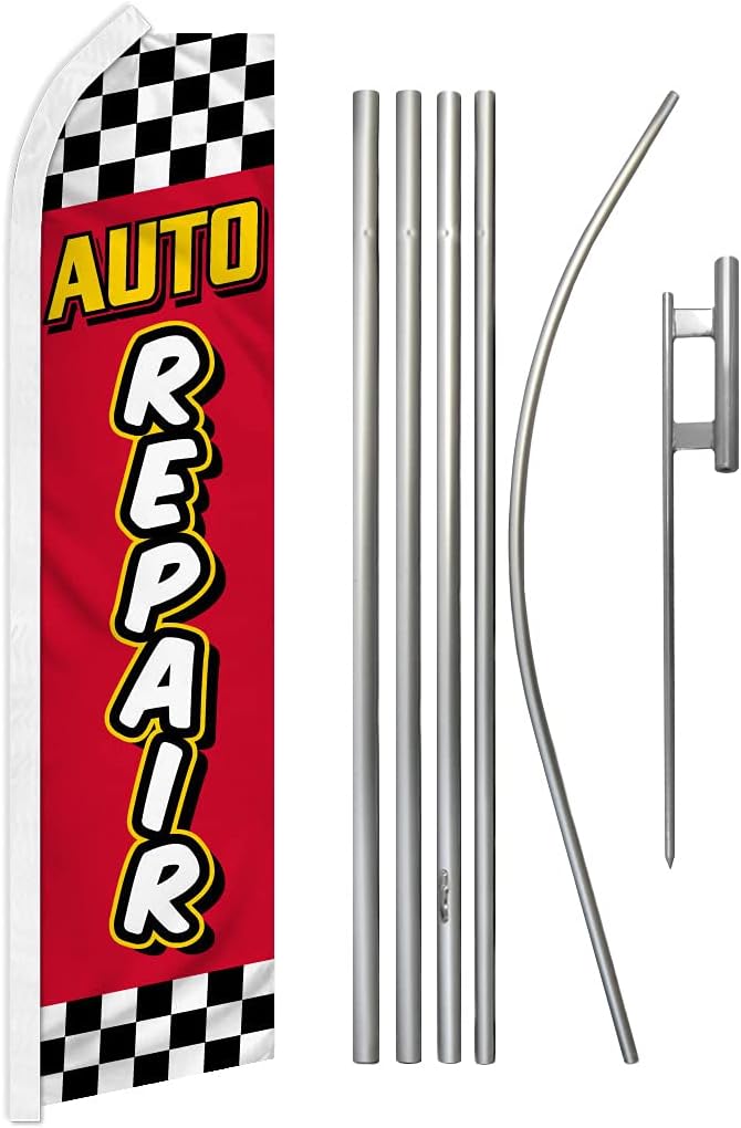 Auto Repair Red & Yellow Swooper Advertising Flag & Pole Kit - Perfect for Performance Shops, Mechanics, Auto Repair, Tuning Shops