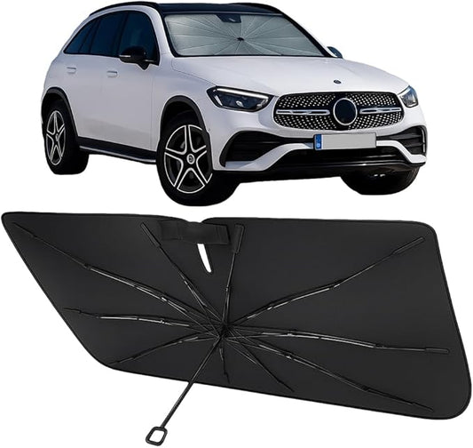 Proadsy Windshield Sun Shade Umbrella for Mercedes-Benz GLC 2023-2025 2026 Foldable Car Umbrella Sunshade with Soft TPU Handle Spring Structure Crystal Cooling Material Protect Car from Rays & Heat