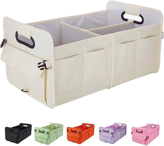 Trunk Organizer For Suv & Sedan,Car Organizers and Storage, Waterproof Collapsible & Adjustable Straps,Sturdy Car Organization for Car Accessories, Tools,Food，Sundries,2-3 Compartment（Beige）