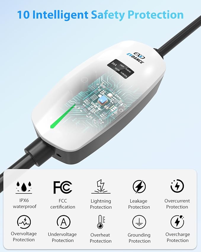 EV Charger Level 1/2 6-16A Adjustable, EV Chargers for Home with 25 FT J1772 EV Charging Cable, Electric Vehicle Charging Stations with NEMA 6-20 & 5-15 Plug, 110V-240V IP66 Waterproof