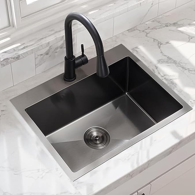 25x22 Drop in Kitchen Sink Black, 25 inch Gunmetal Black Stainless Steel Bar RV Laundry Utility Outdoor Small Sink Topmount Commercial Single Bowl