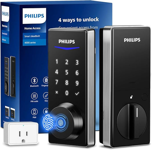 Philips Wi-Fi Smart Door Lock, Keyless Entry Door Lock with App Control,Fingerprint ID,Auto Lock,Keypad Deadbolt with Wi-Fi Bridge Adaptor,Smart Locks for Front Door-Satin Nickel