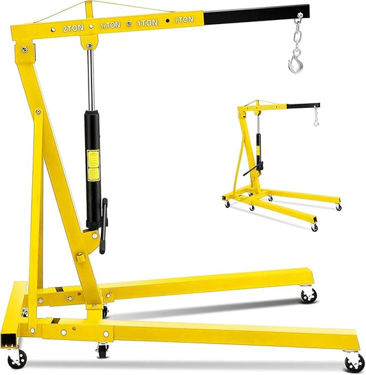 2 Ton Folding Hydraulic Engine Hoist (4,400 Lb) Cherry Picker Shop Crane with Telescopic Boom & 6 Swivel Casters, Portable Heavy-Duty Engine Lift for Garage, Workshop, Auto Repair, Warehouse-Yellow