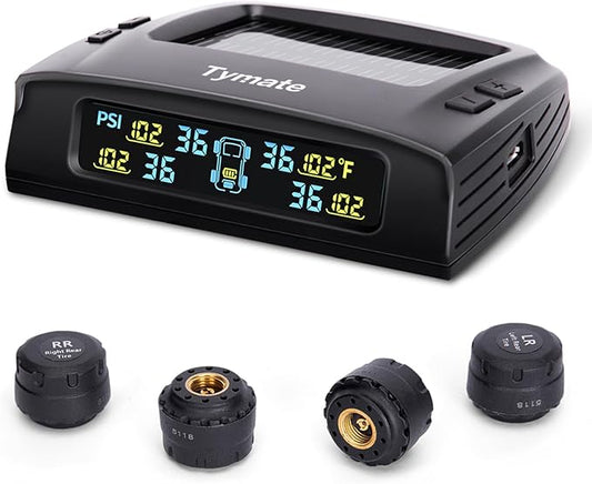 Tymate TM2 RV Tire Pressure Monitoring System, Tire Pressure Monitor with Solar Charge, TPMS with 4 Sensors(Max. 10) & 6 Alarm Modes, New Updated w/Color LCD Display, 0-87PSI for RV/Trailer/Truck/SUV