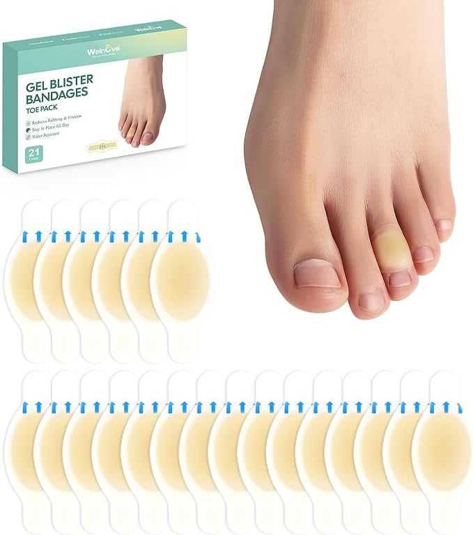 Welnove Gel Blister Bandages for Feet - 21ct Blister Cushion (Toe Pack) for Heel, Toe - Water-Resistant Hydrocolloid Bandages - Blister Pads for Prevention & Recovery