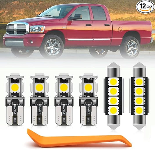 12pcs White Interior LED Lights Kit for 2003 2004 2005 2006 2007 2008 Dodge Ram 1500 2500 3500 Map Dome Visor Trunk Lights Super Bright 6000K Interior LED Light Bulbs + Install Tool