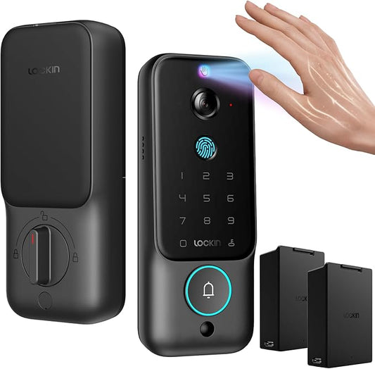 Lockin Veno Plus Smart Deadbolt Lock with Dual Swappable Batteries, 6-Month Power, 2K 180° Camera & Video Doorbell, Palm Vein/Fingerprint Entry, Built-in WiFi, App Control, No Subscription