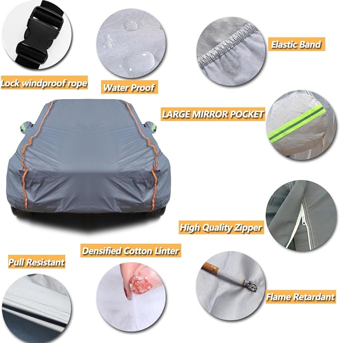 TUCAREST 6-Layers PEVA Premium Full Car Cover Fit for Pickup Sedan hatchback SUVs MPV Rain and snow protection, sun protection, UV protection, and protection of car paint surfaces-Silver Grey -Up 206"