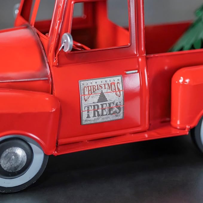 Zaer Ltd. Metal 18.5" Long Multi-Seasonal Christmas and Harvest Pickup Truck with Metal Tree, Pumpkins, and Matching Side-Magnet Sets (Glossy Red)