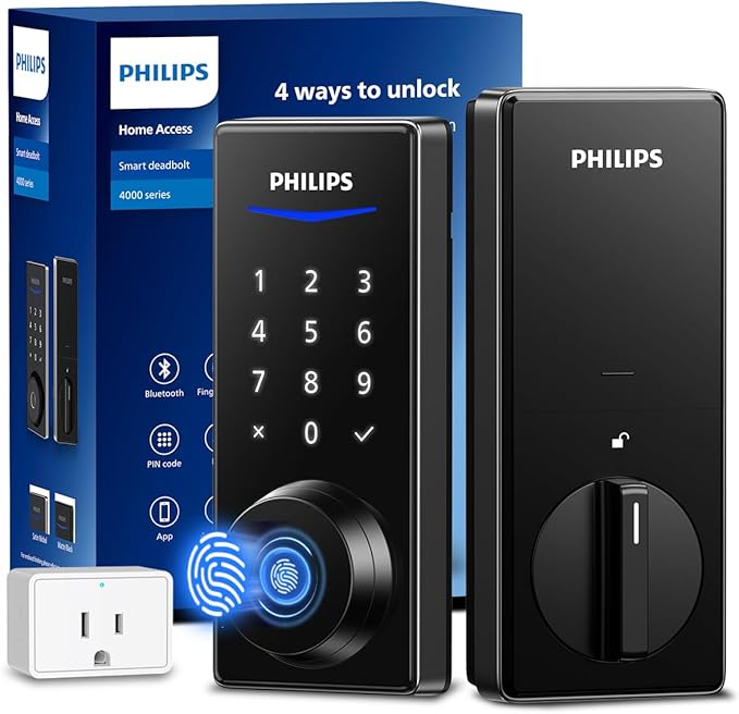 Philips Wi-Fi Smart Door Lock, Keyless Entry Door Lock with App Control,Fingerprint ID,Auto Lock,Keypad Deadbolt with Wi-Fi Bridge Adaptor,Smart Locks for Front Door-Matte Black