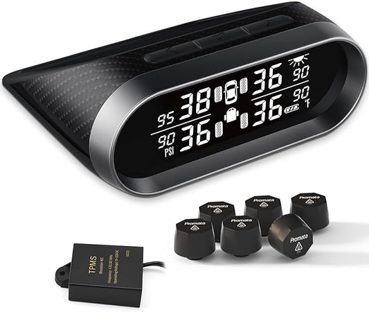 Promata RV Tire Pressure Monitoring System, Carbon Fiber Style RV TPMS with 6 Tire Pressure Sensors, Eye Protection Clear LCD Display, Intelligent Trailer Detection for Travel Trailer Motorhome Camper