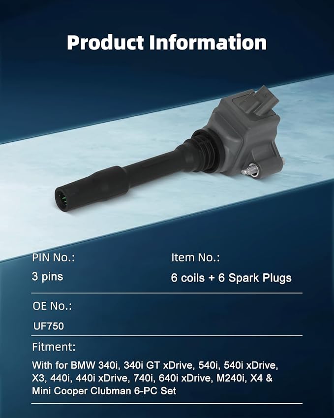 ECCPP UF750 6 ignition coils with 6 iridium Spark Plugs,for BMW 340i,340i GT xDrive,540i,540i xDrive,X3,440i,440i xDrive,740i,640i xDrive,M240i,X4 & Mini Cooper Clubman 6-PC