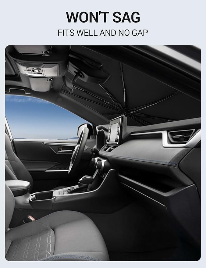 Proadsy Windshield Sun Shade Umbrella for Hyundai Kona 2018-2023 Foldable Car Umbrella Sunshade with Soft TPU Handle Spring Structure Crystal Cooling Material Protect Car from Rays & Heat