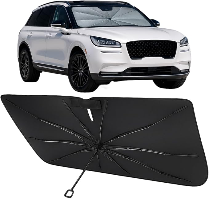 Proadsy Windshield Sun Shade Umbrella for Lincoln Corsair 2020-2025 2026 Foldable Car Umbrella Sunshade with Soft TPU Handle Spring Structure Crystal Cooling Material Protect Car from Rays & Heat