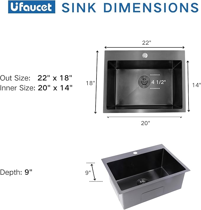 22 Inch Drop In Kitchen Sink Black, 22 x 18 Stainless Steel Single Bowl Top Mount Drop In Bar Wet Prep RV Outdoor Kitchen Sink, 16 Gauge Gunmetal Black