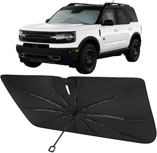 Proadsy Windshield Sun Shade Umbrella for Ford Bronco Sport 2021-2025 2026 Foldable Car Umbrella Sunshade with Soft TPU Handle Spring Structure Crystal Cooling Material Protect Car from Rays & Heat
