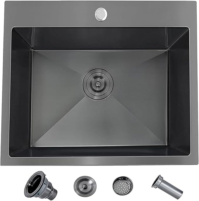 25x22 Drop in Kitchen Sink Black, 25 inch Gunmetal Black Stainless Steel Bar RV Laundry Utility Outdoor Small Sink Topmount Commercial Single Bowl