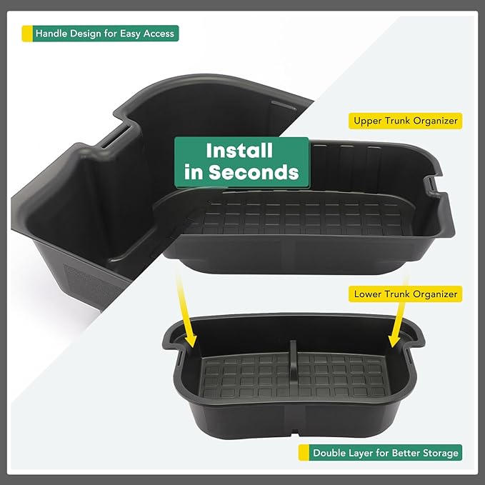 YHTAUTO Rear Trunk Organizer Compatible with Tesla Model Y 2020-2024 (For 5-Seater Only) Accessories, Waterproof Trunk Storage Bins Organizer Upper & Lower Dual Layer Rear Trunk Storage Box - Black